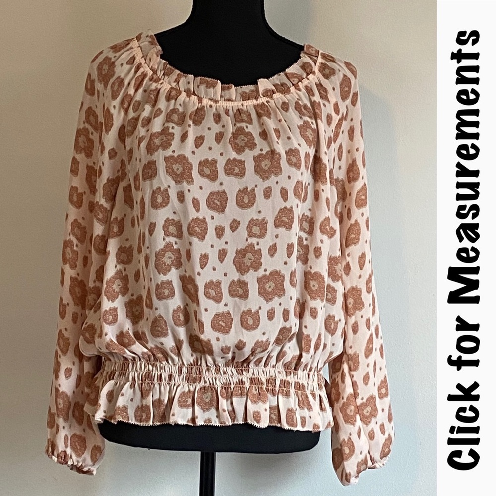 Ann Taylor leopard print blouse, size LP, on or off shoulder, peach and tan